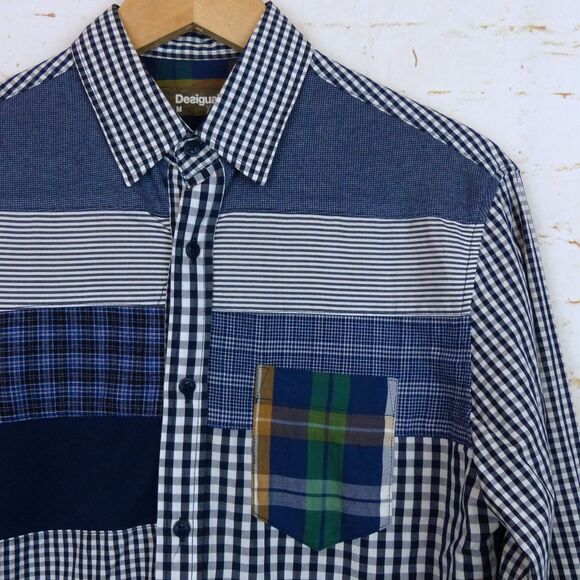Desigual Shirt Mens M Patchwork Plaid Gingham Mixed Print Button Retro Preppy - Picture 7 of 15